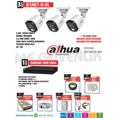 DAHUA RENKLİ 3 LÜ GÜVENLİK KAMERA SETİ B1A21-U-IL